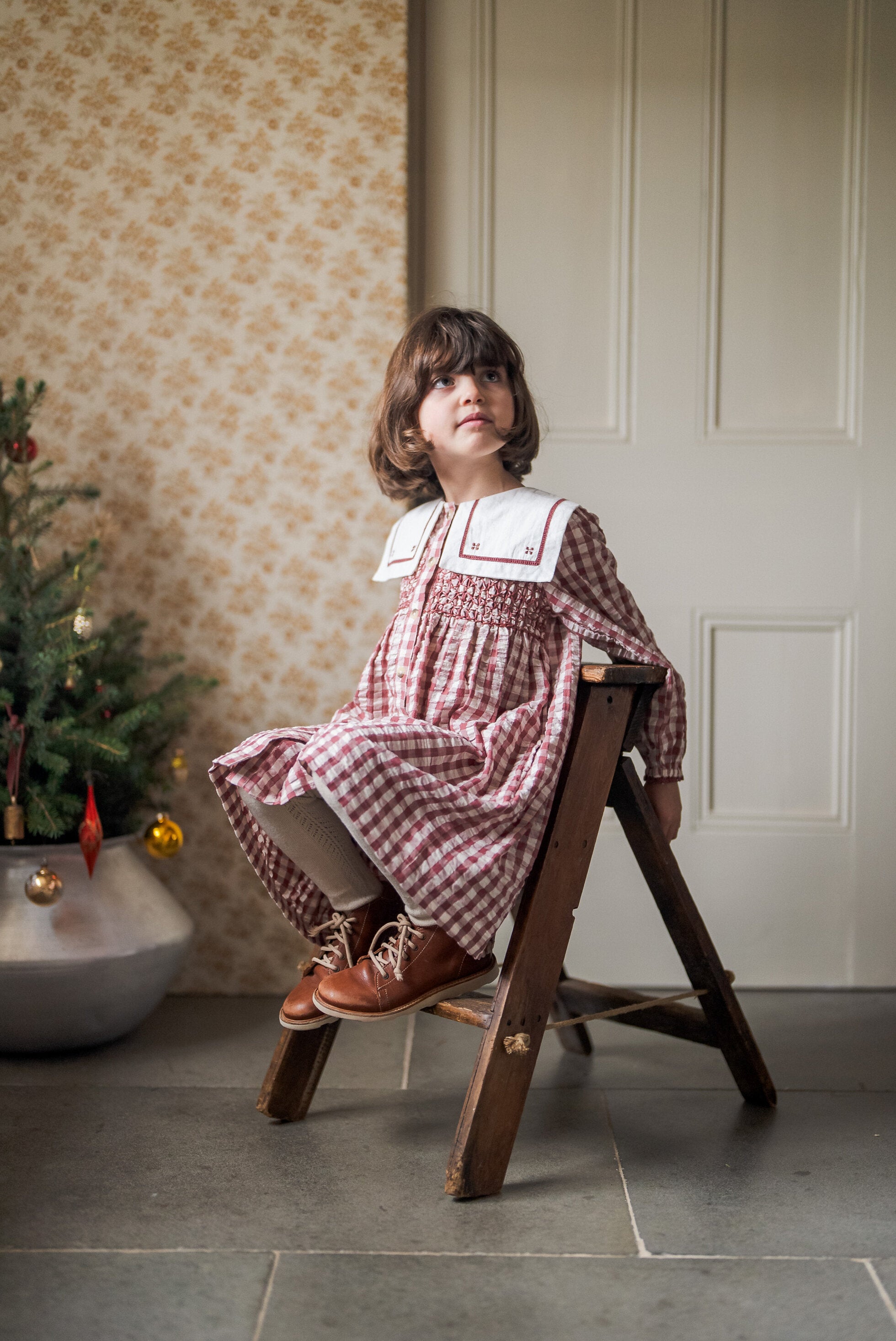 Smocked Sabrina Dress - Seersucker Gingham in Apple Butter