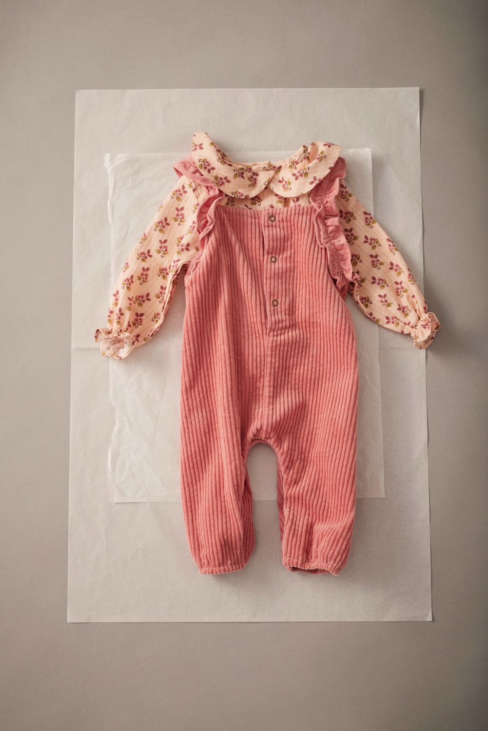 Wide Corduroy Ruffled Baby Overalls - Rose Tea
