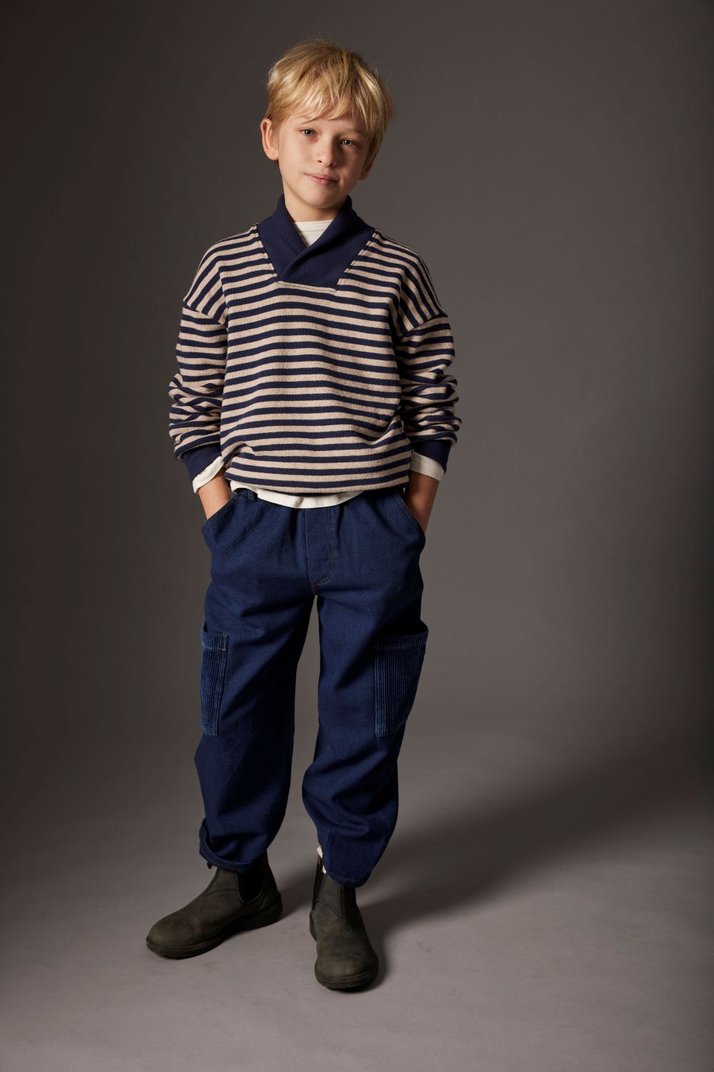 Soft Stripes Knit Collar Sweater - Navy