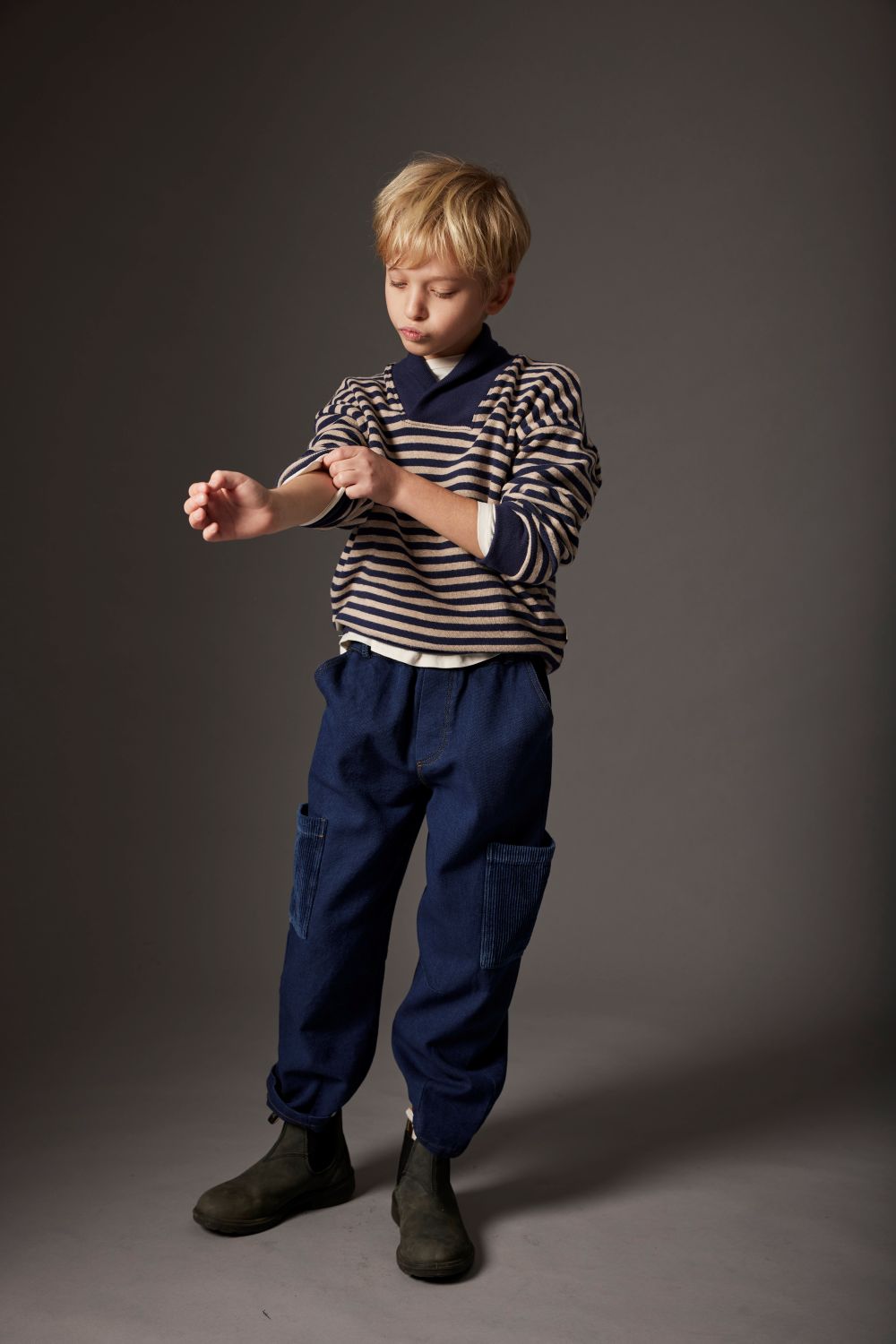 Soft Stripes Knit Collar Sweater - Navy