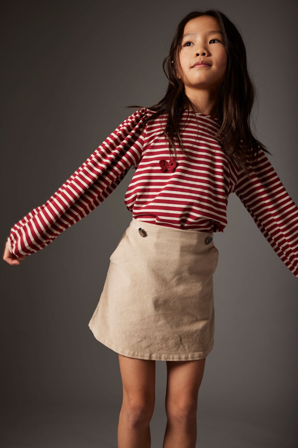 Striped Elastic Fleece Bows T-Shirt - Burgundy