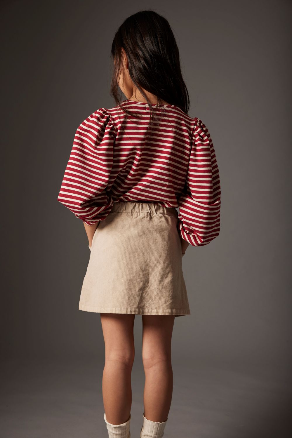 Striped Elastic Fleece Bows T-Shirt - Burgundy