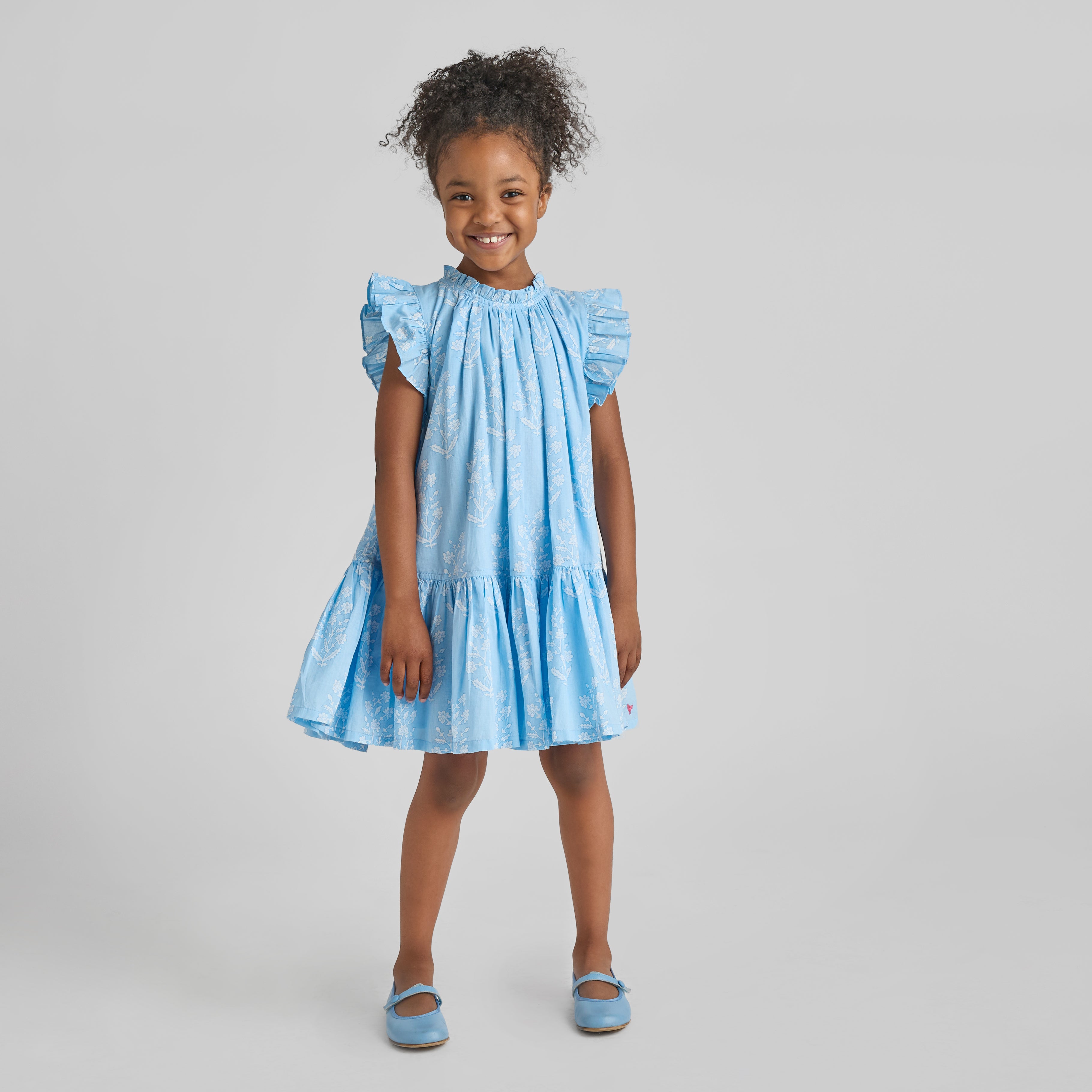 Girls Harper Dress - Blue Dewdrop Block Print