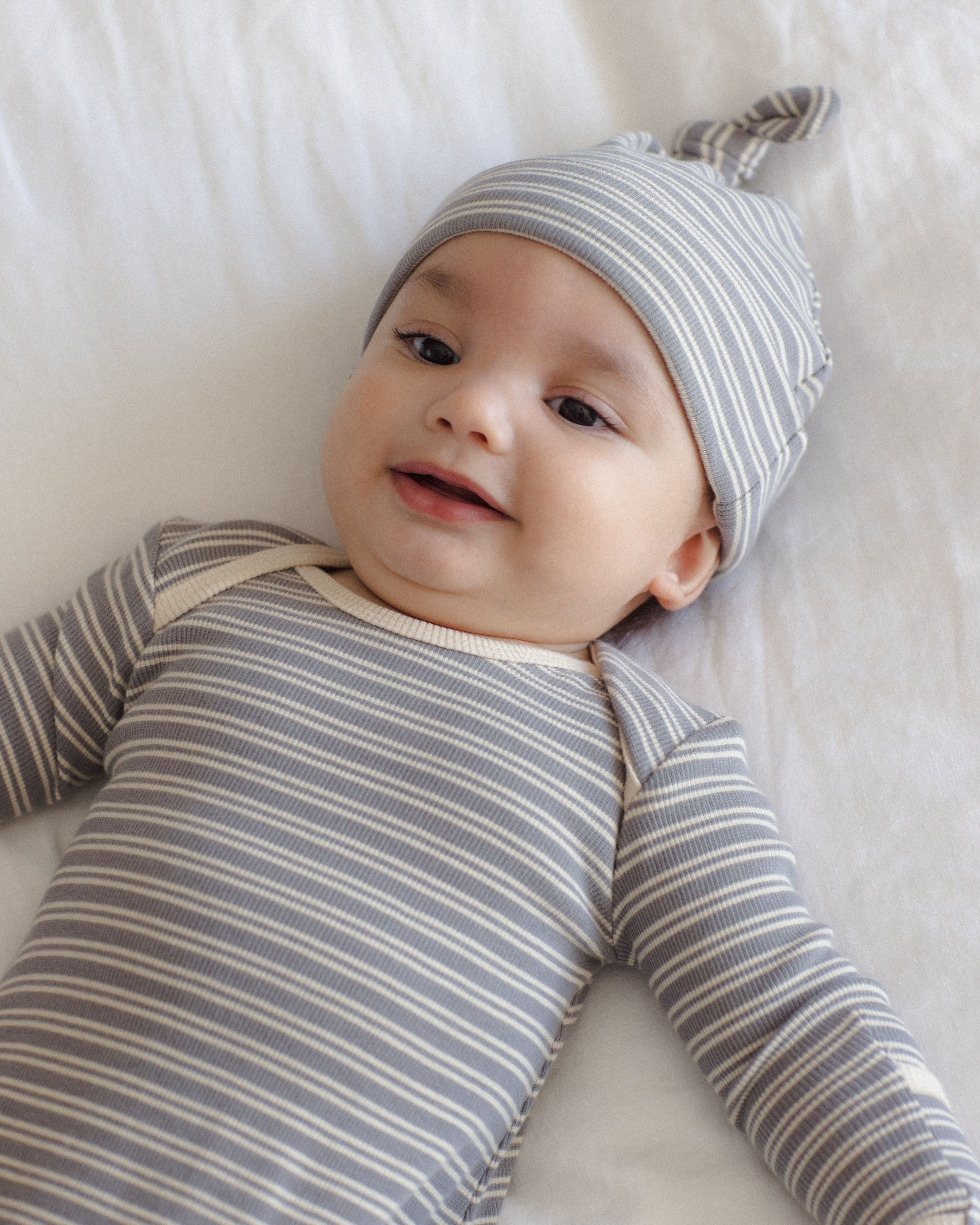 Knotted Baby Gown + Hat Set - Slate Microstripe