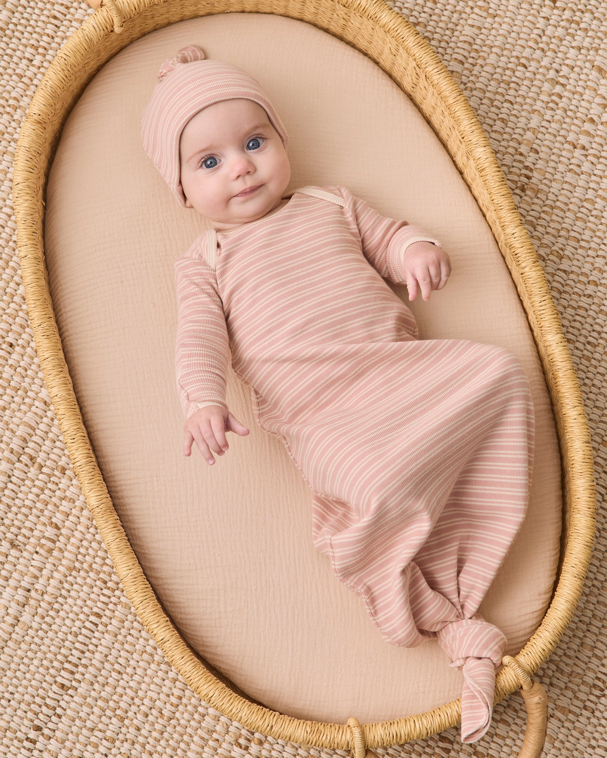 Knotted Baby Gown + Hat Set - Dusty Rose Microstripe