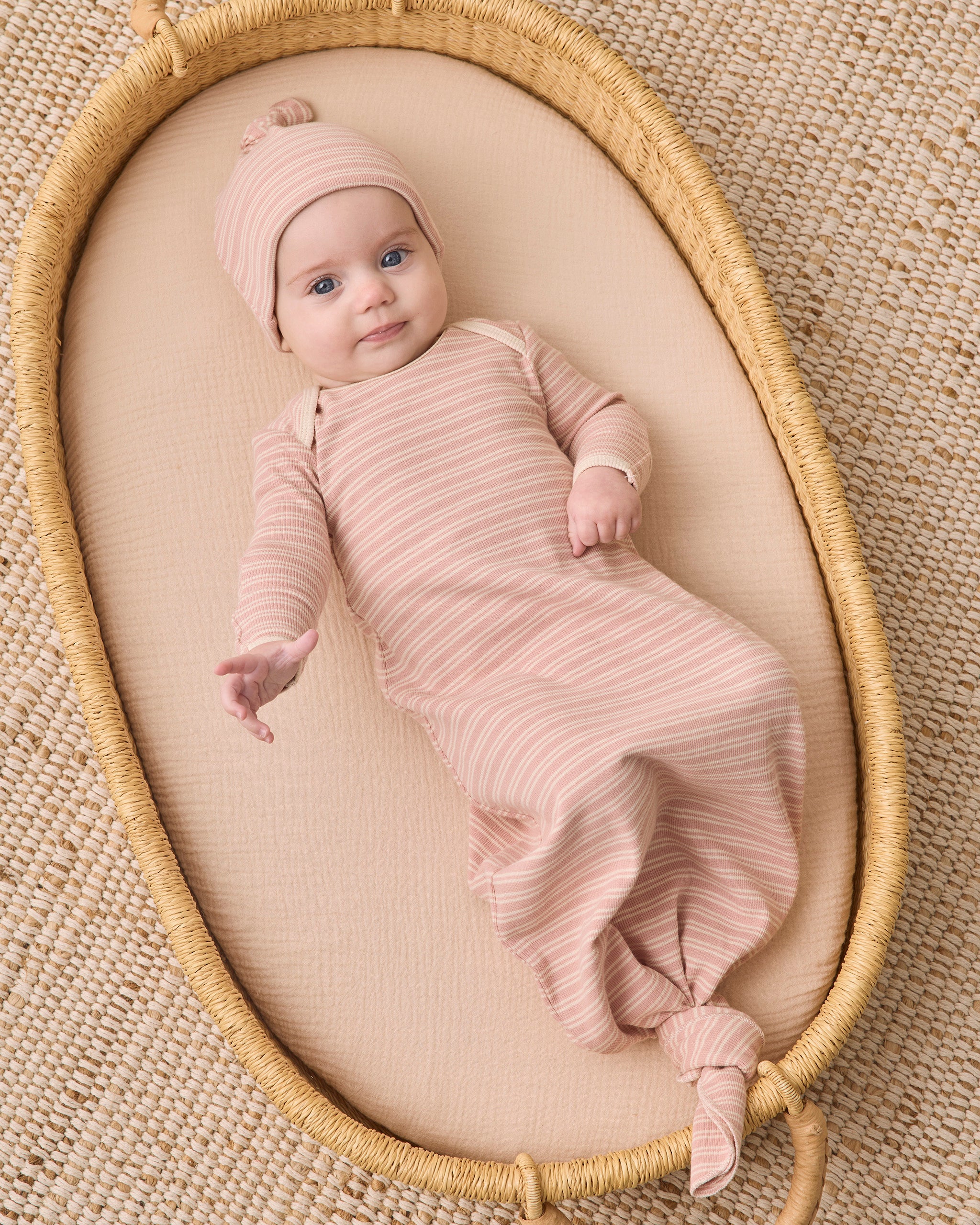 Knotted Baby Gown + Hat Set - Dusty Rose Microstripe