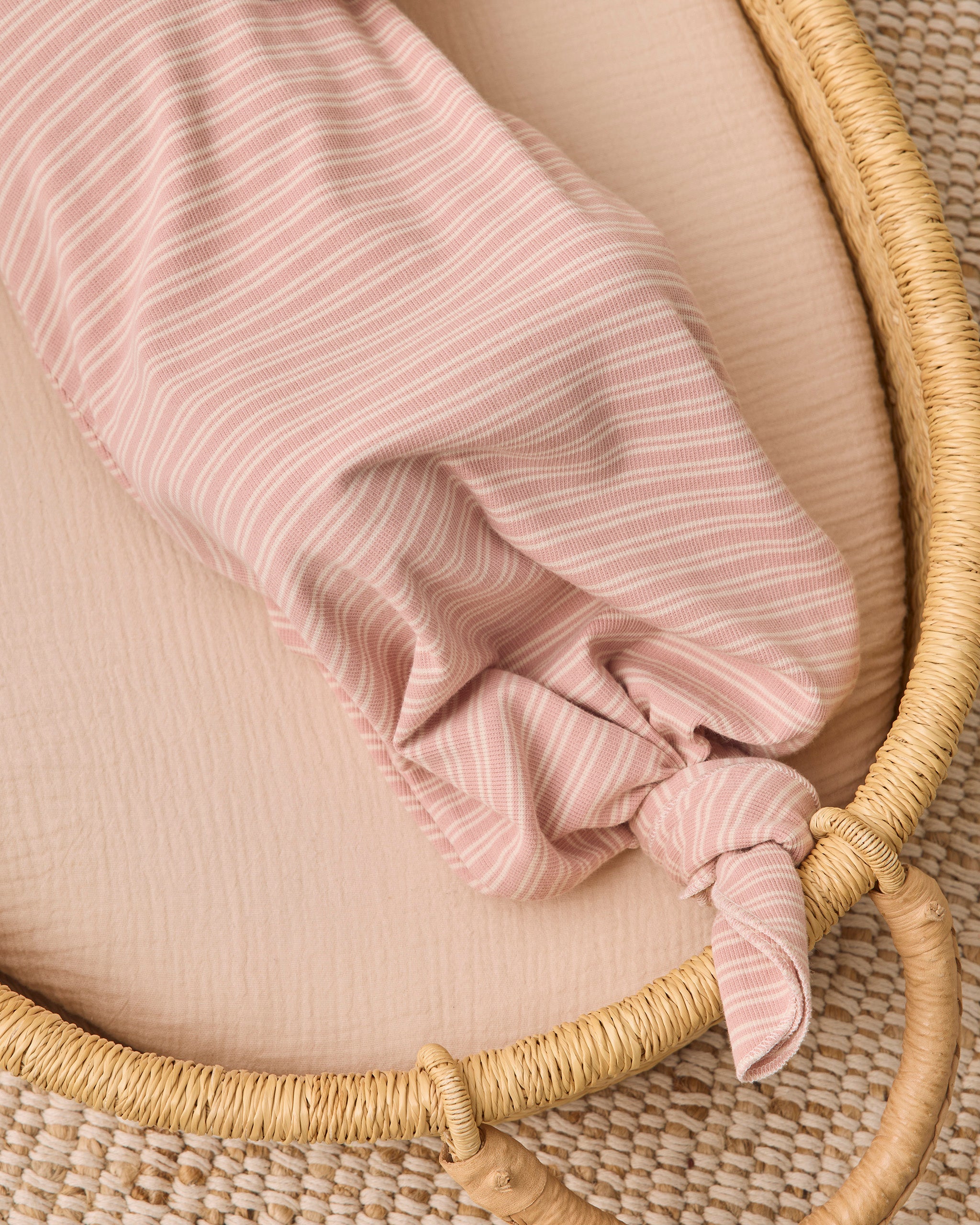 Knotted Baby Gown + Hat Set - Dusty Rose Microstripe