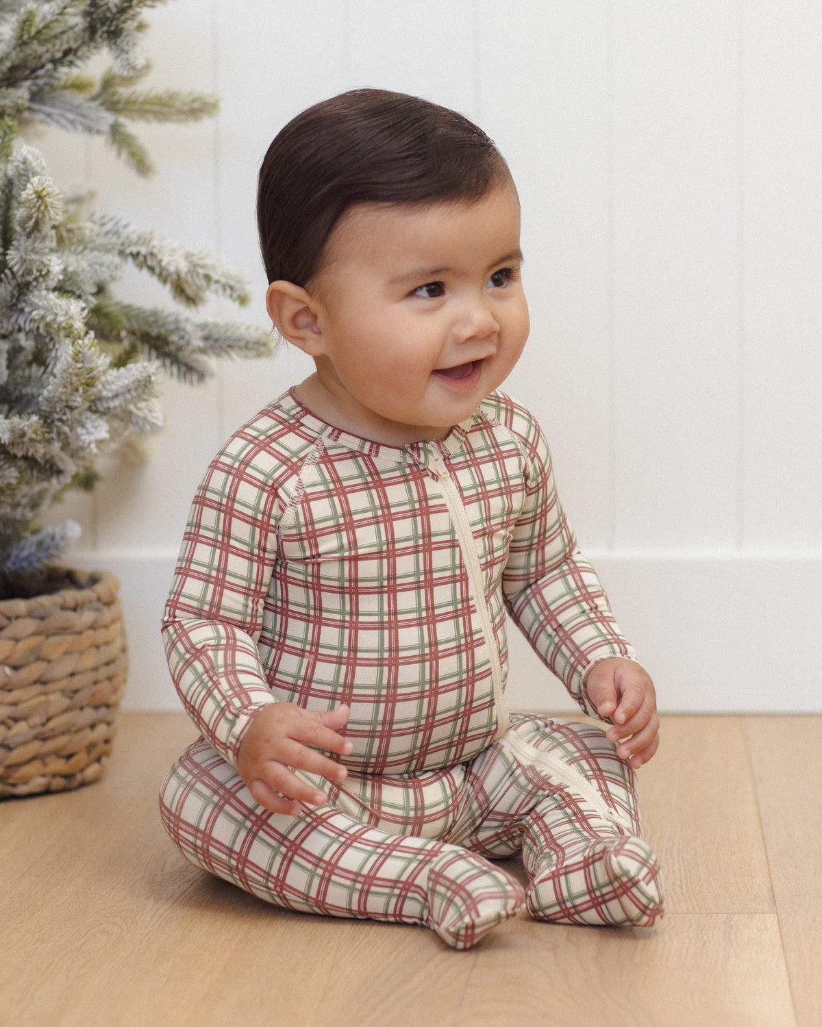 Bamboo Zip Footie - Redwood Check