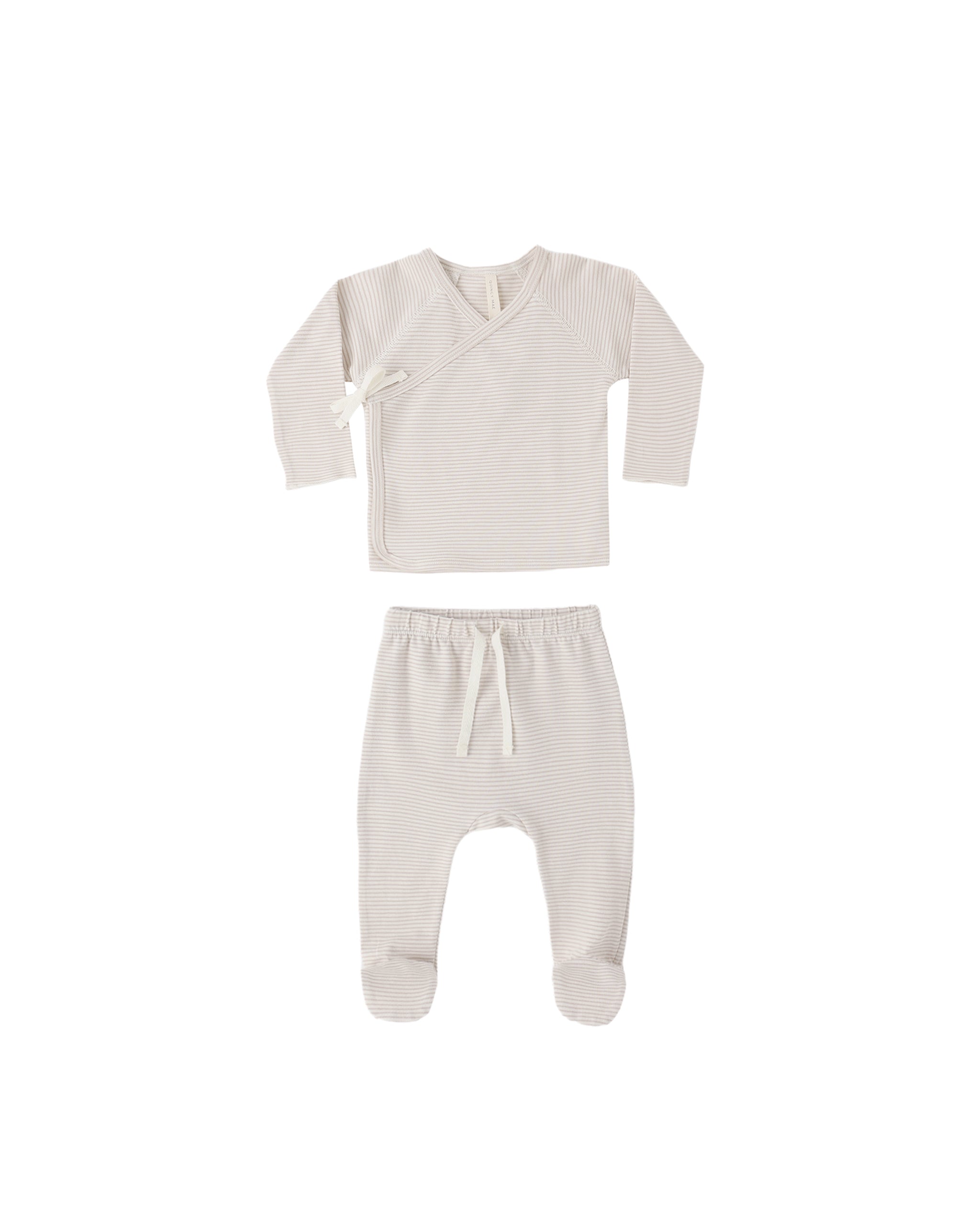 Wrap Top + Footed Pant Set || Oat Micro Stripe