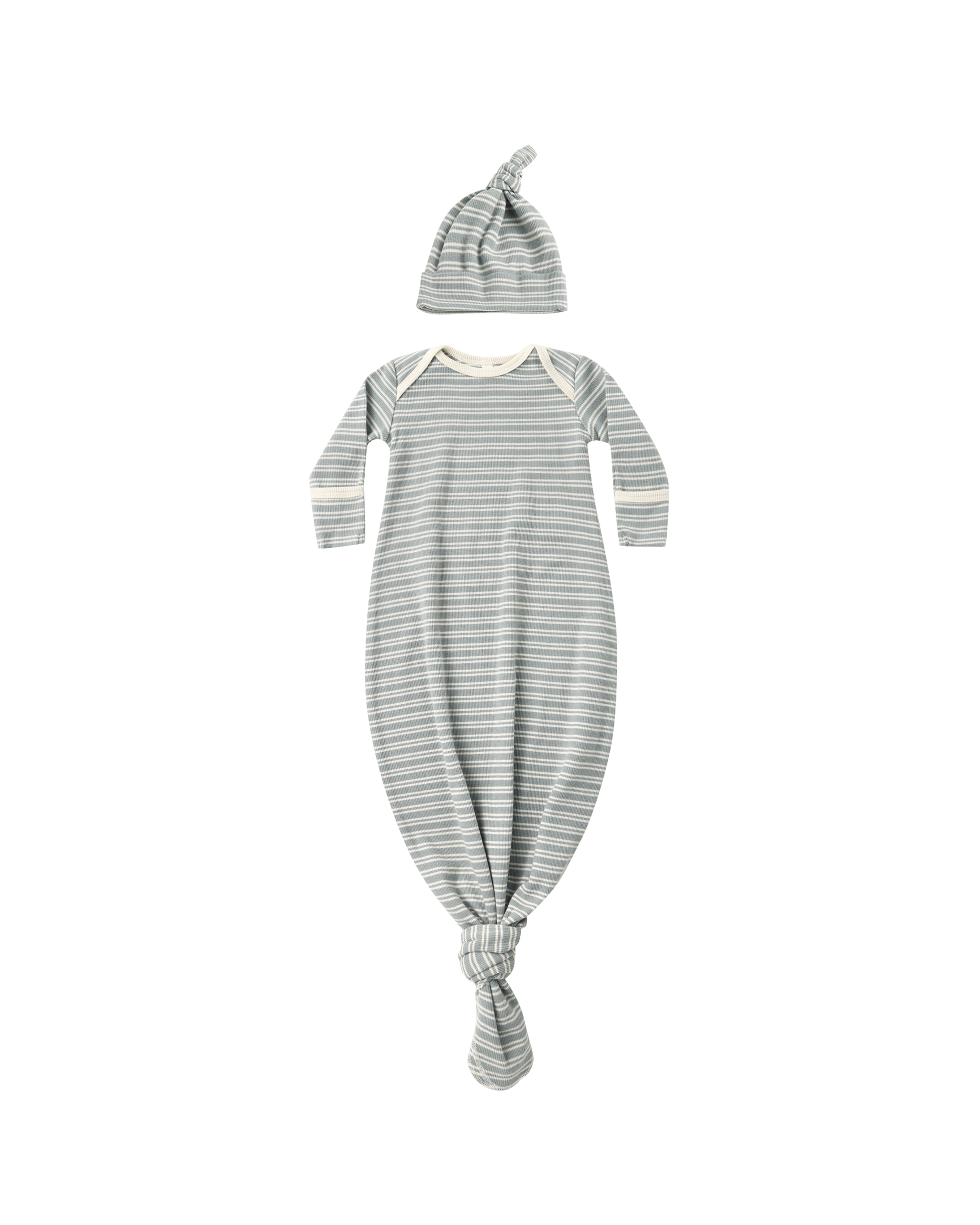 Knotted Baby Gown + Hat Set || Steel Blue Micro Stripe