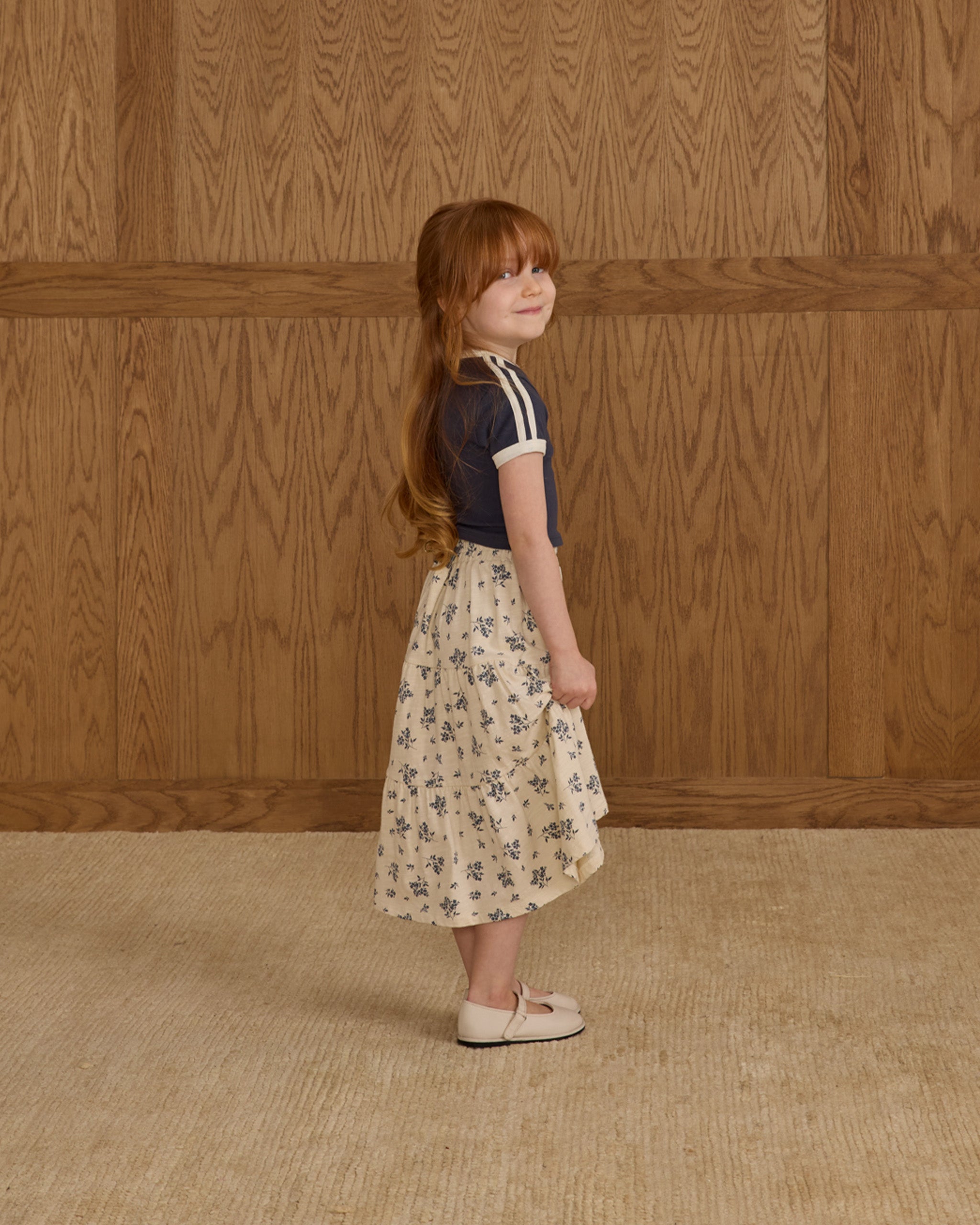 Ruffle Tiered Midi Skirt || Blue Floral