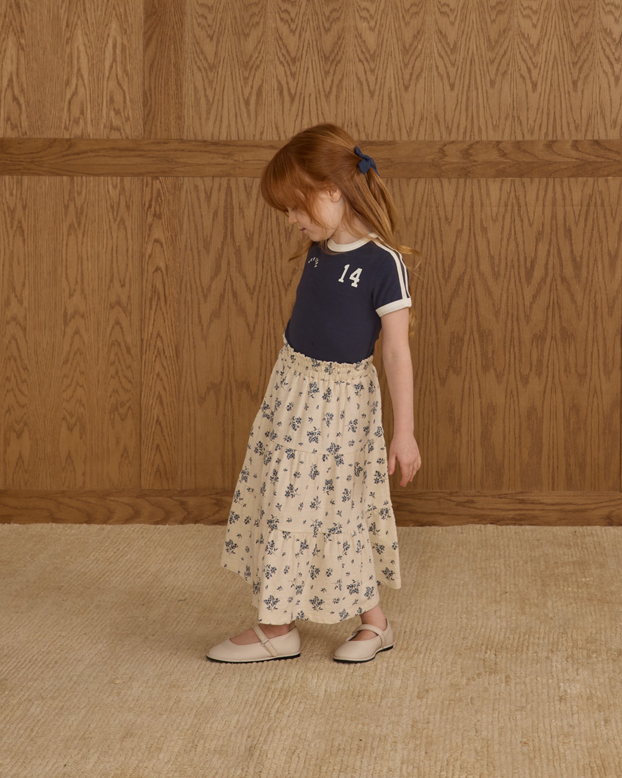 Ruffle Tiered Midi Skirt || Blue Floral