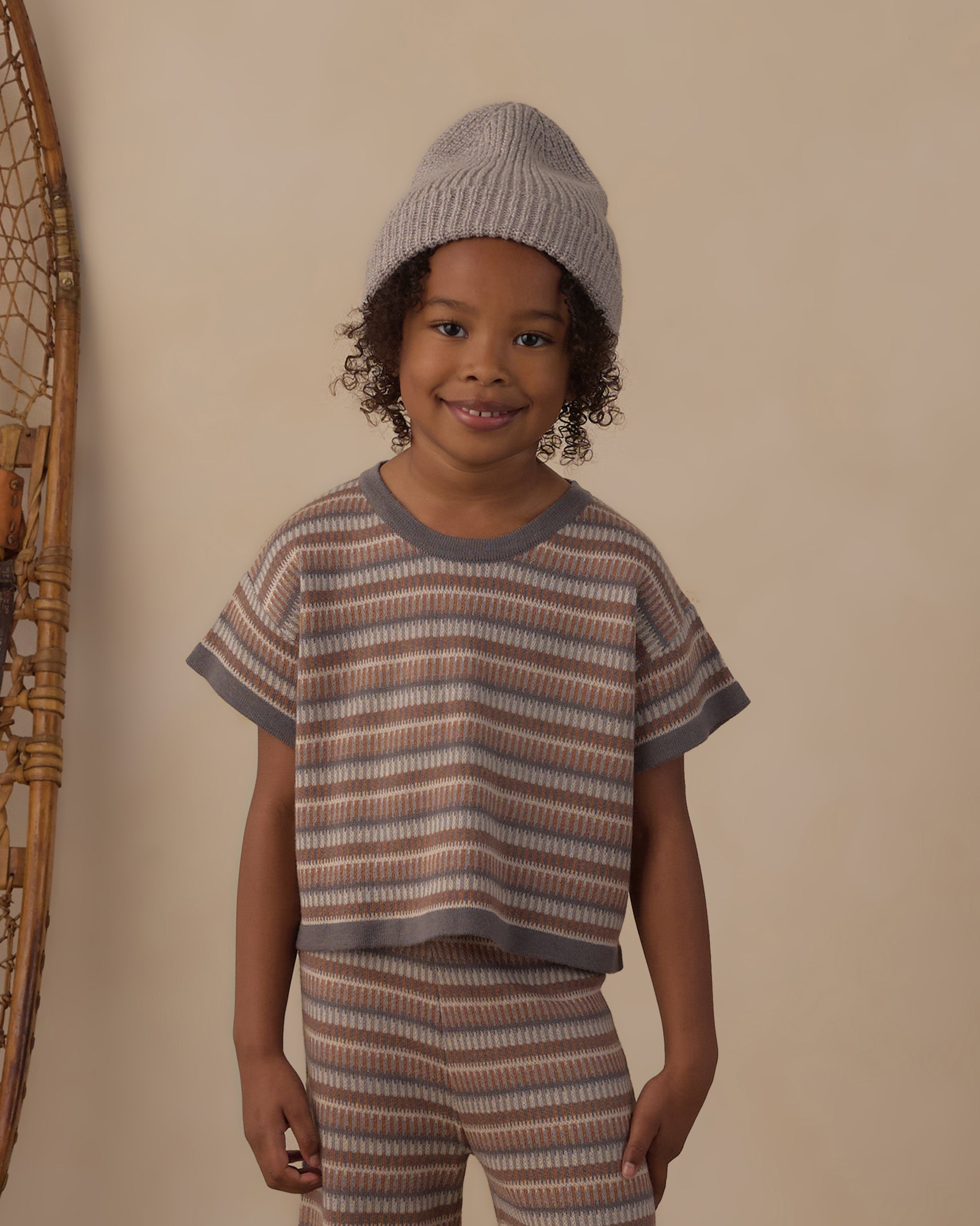Boxy Crop Knit Tee - Multi Stripe Dusty Blue
