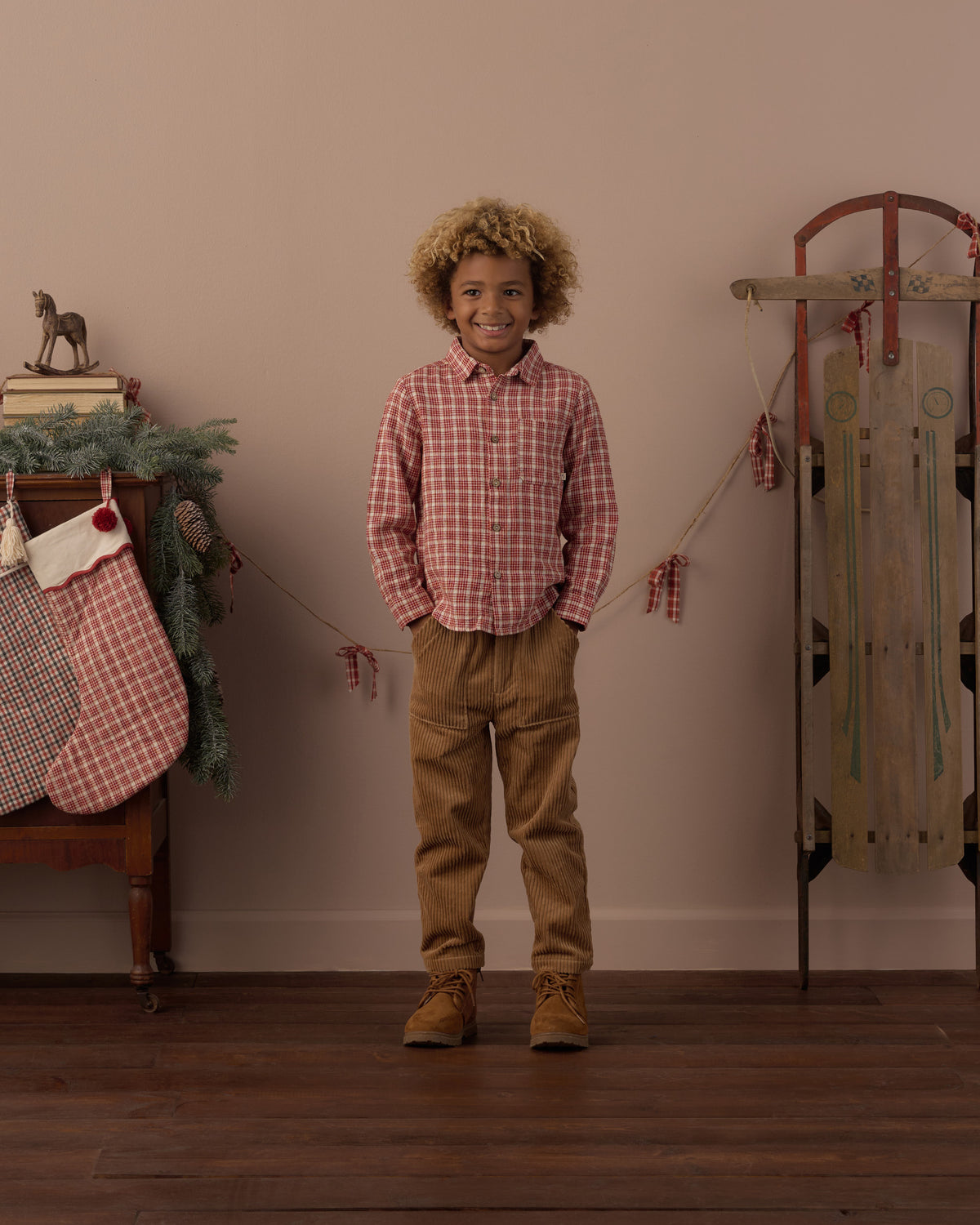 Collared Long Sleeve Shirt - Vintage Plaid Ruby