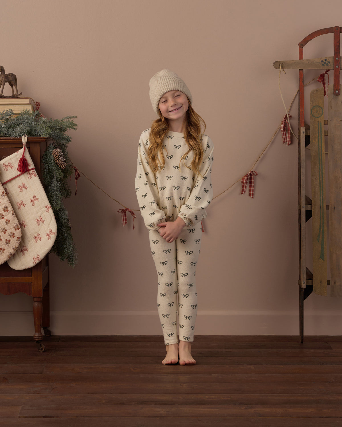 Spongey Knit Set - Evergreen Bows Natural