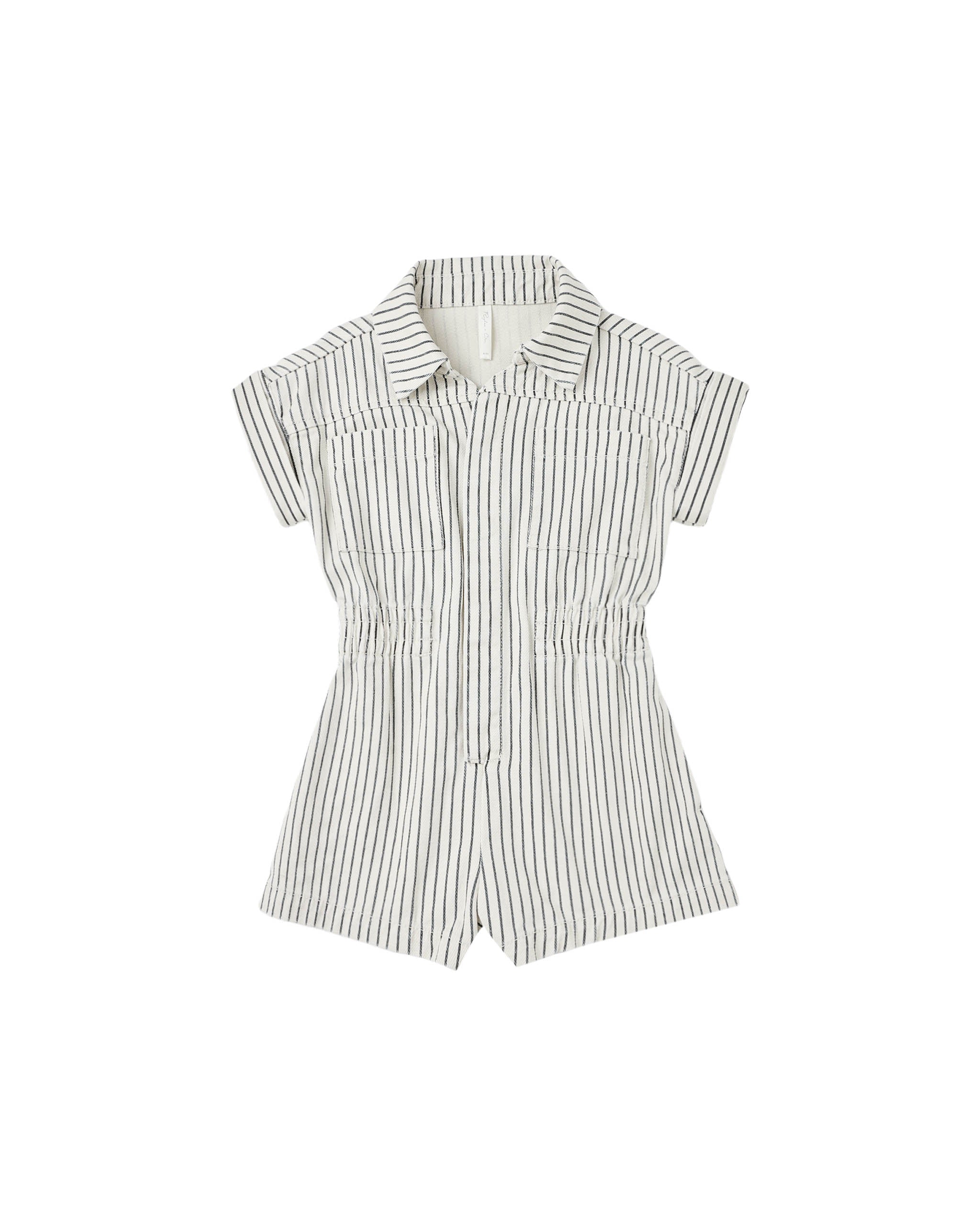 Utility Romper || Navy Pinstripe