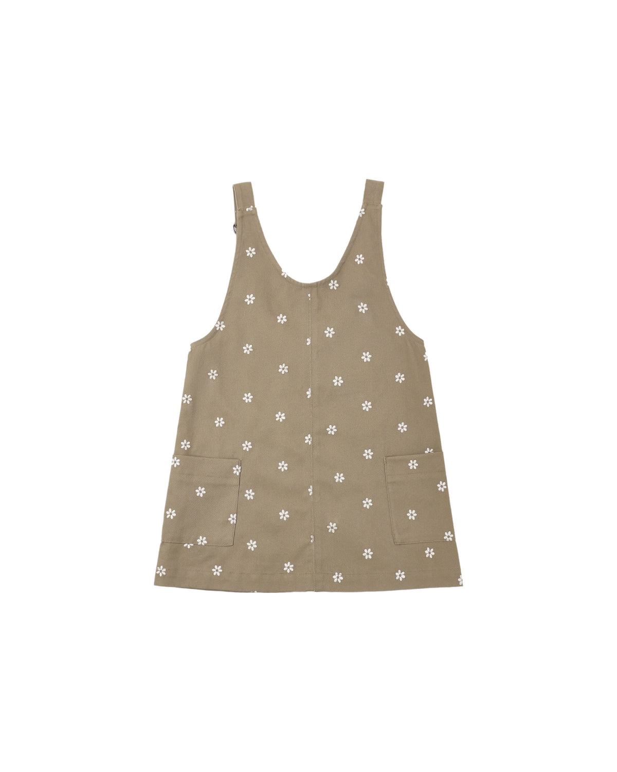 V-Neck Overall Dress - Embroidered Daisies Olive