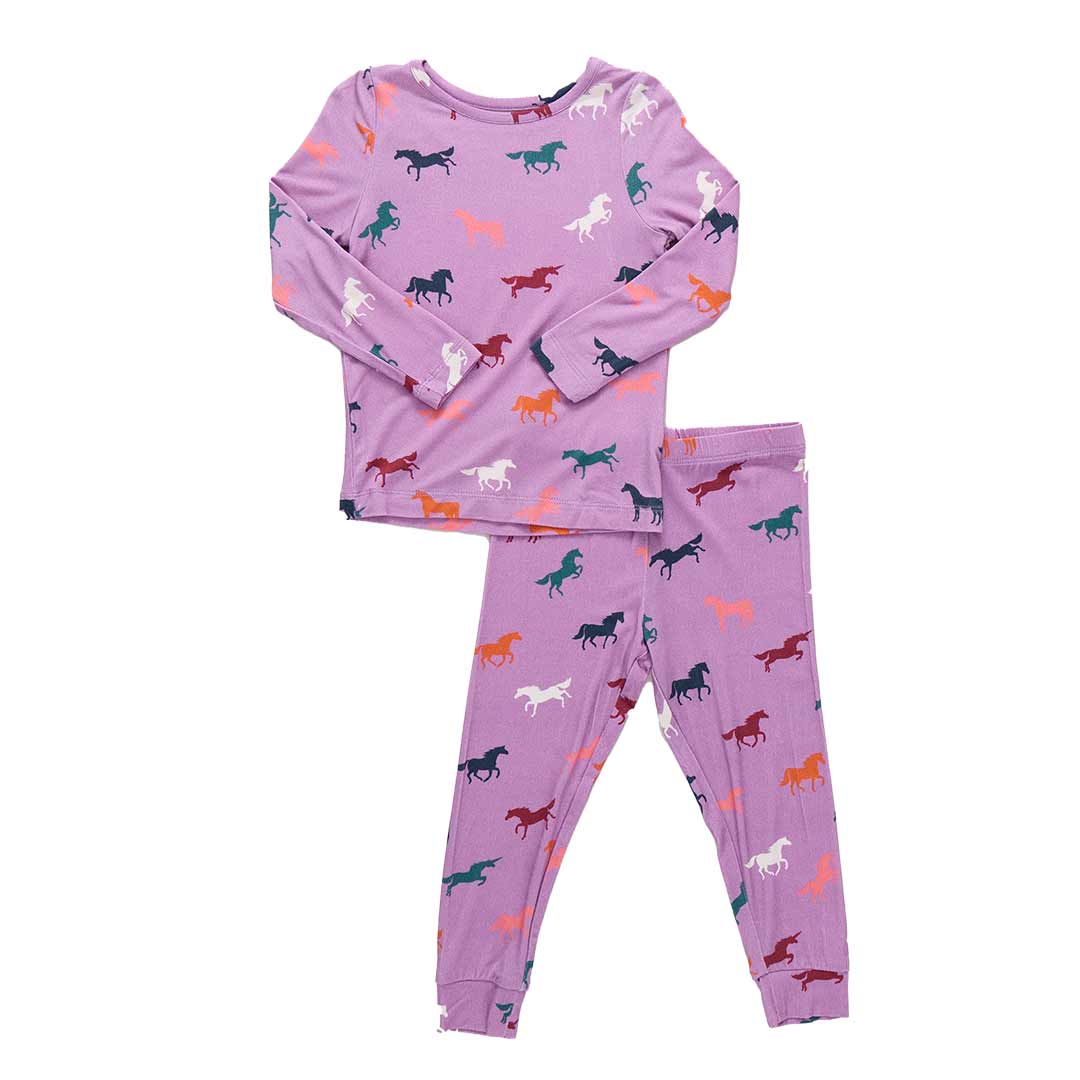 Kids Bamboo Pj Set - Lavender Multi Horses