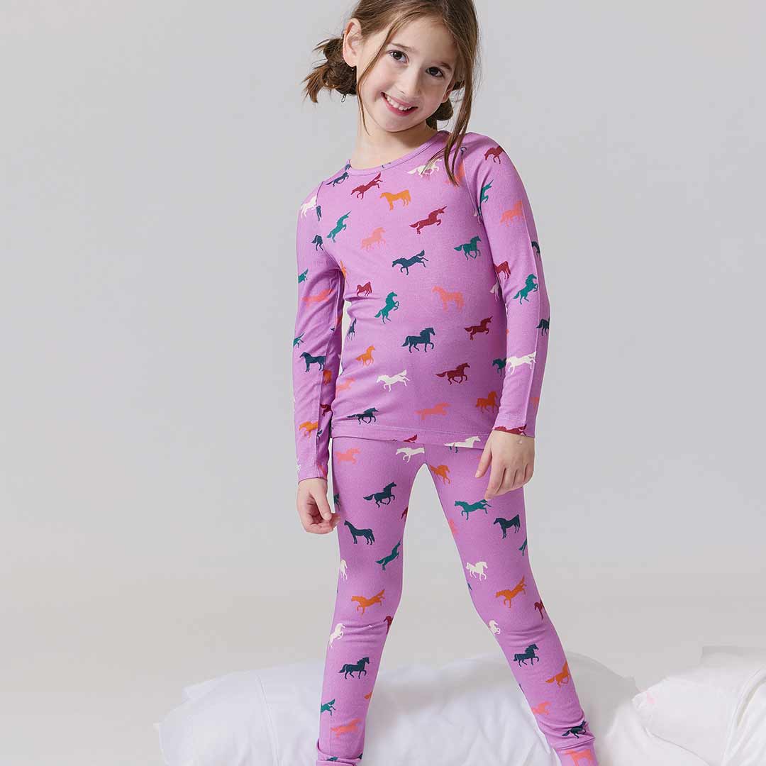 Kids Bamboo Pj Set - Lavender Multi Horses