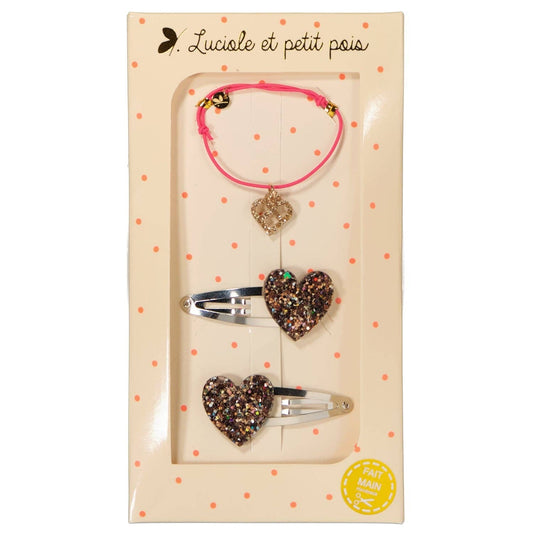 Gift box - Fuschia bracelet with bronze hearts