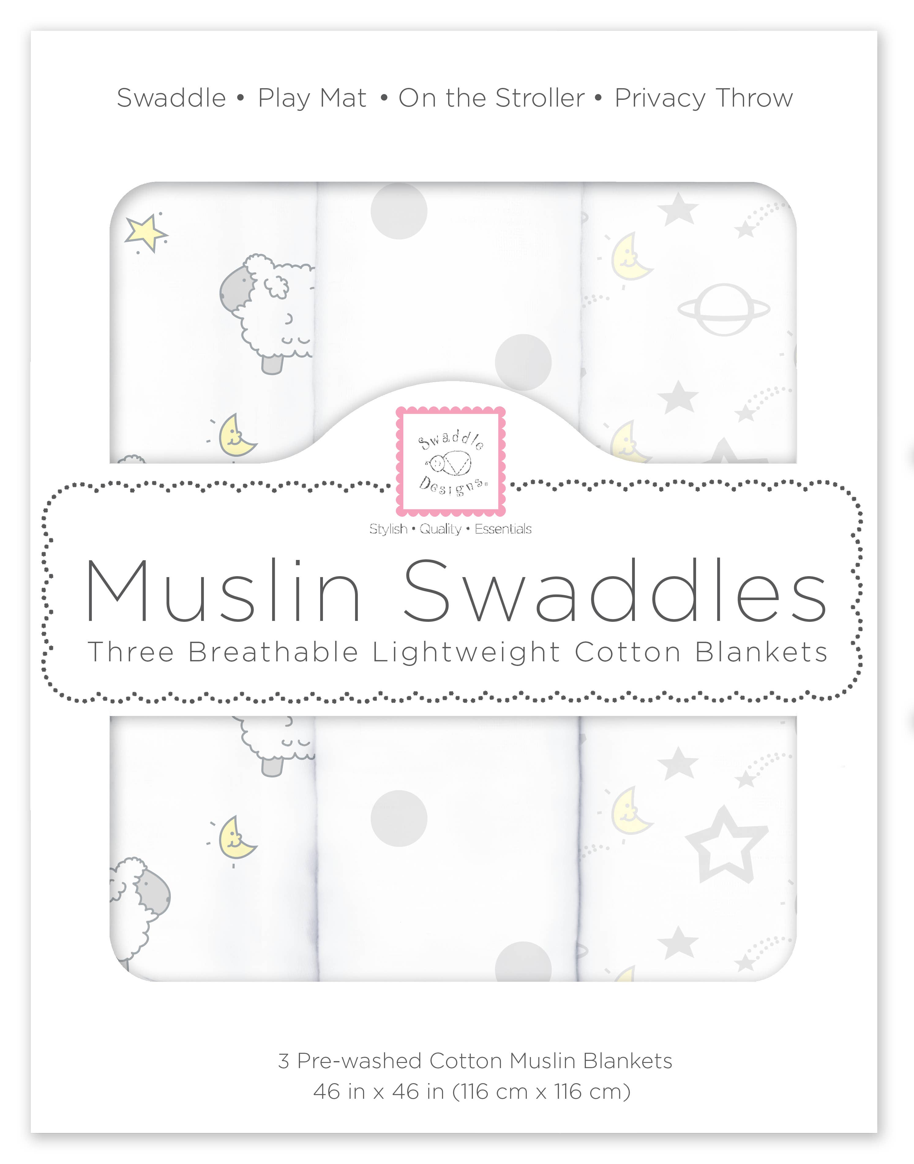 Muslin Swaddle Blankets, Set of 3, Little Lambs Goodnight