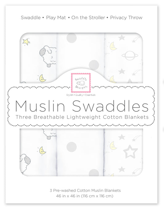 Muslin Swaddle Blankets, Set of 3, Little Lambs Goodnight