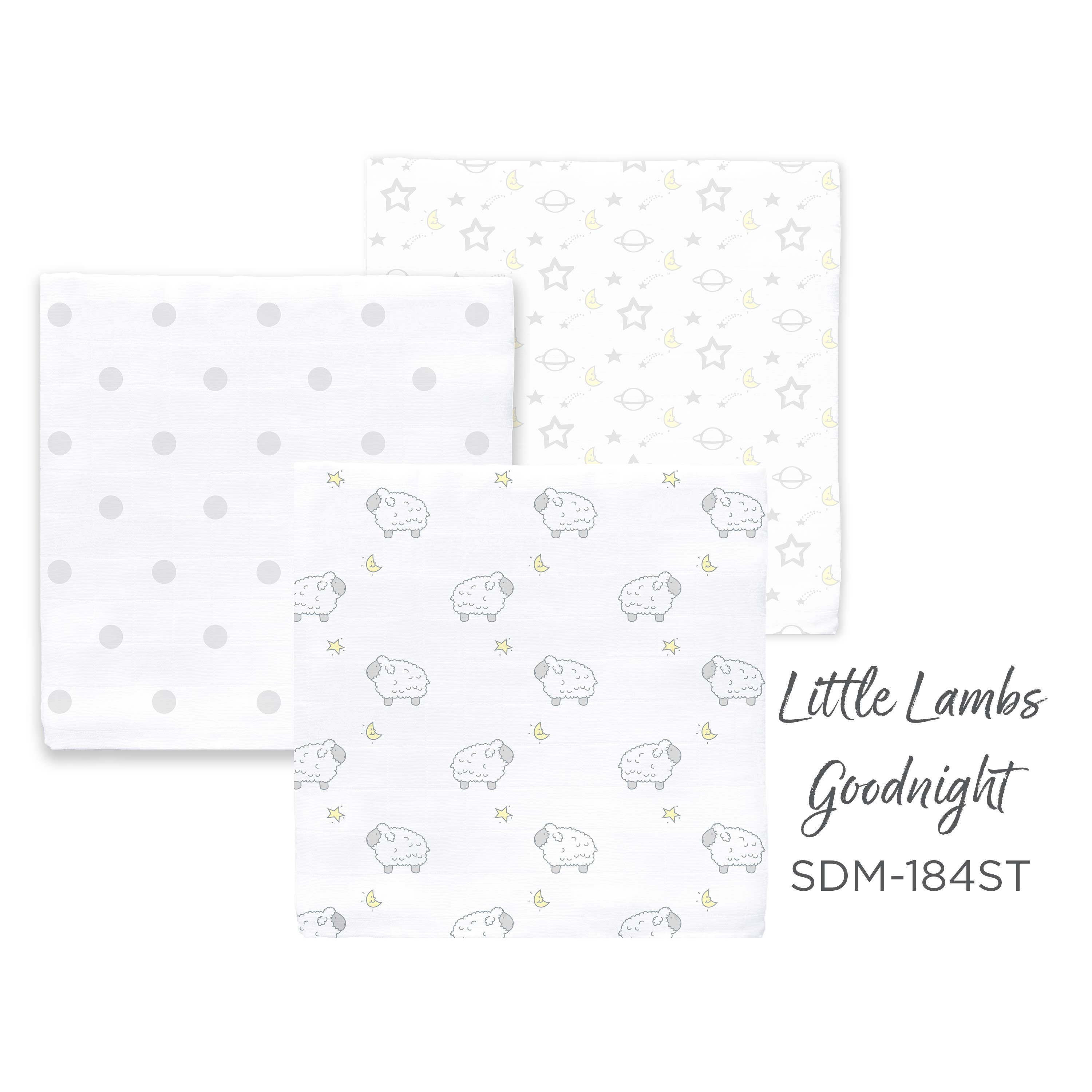 Muslin Swaddle Blankets, Set of 3, Little Lambs Goodnight