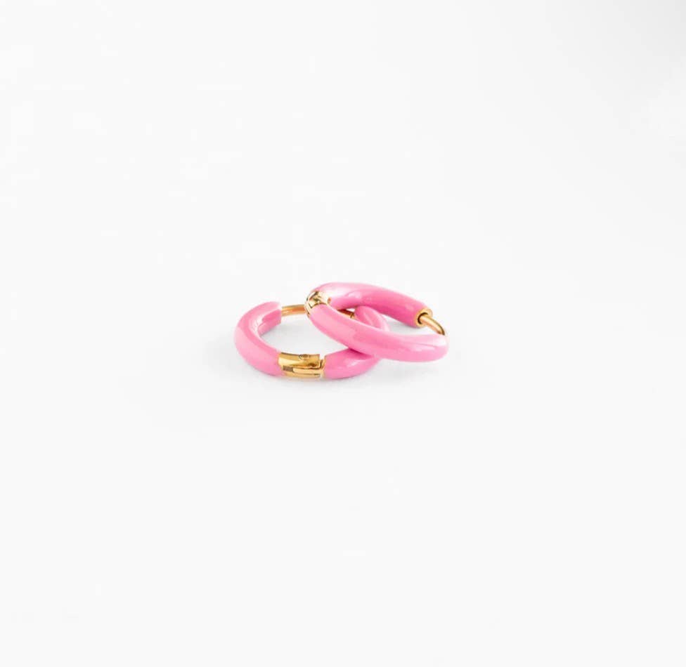 Enamel Hoop Earrings - Neon Pink