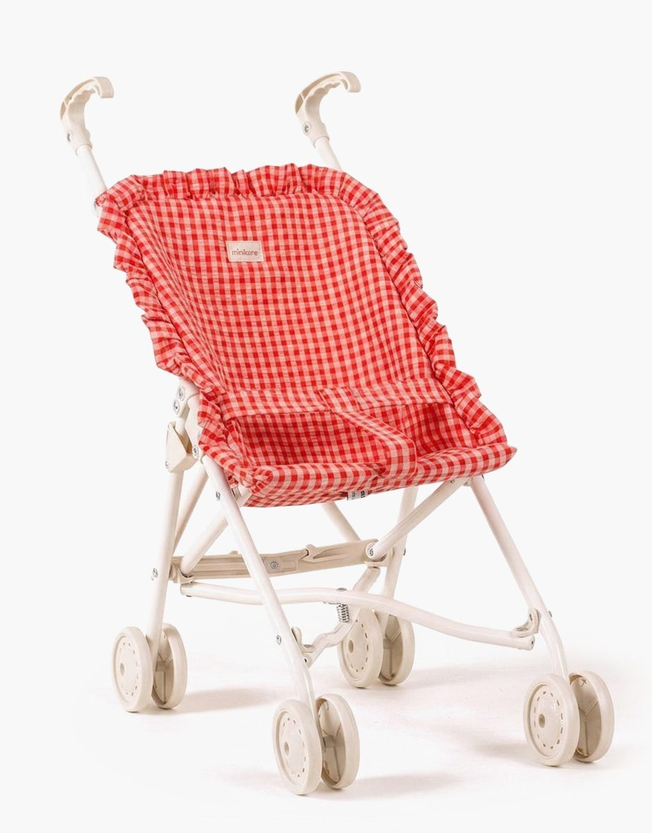 Coral Gingham Cotton Doll Stroller With Ruffles on a Cream Frame