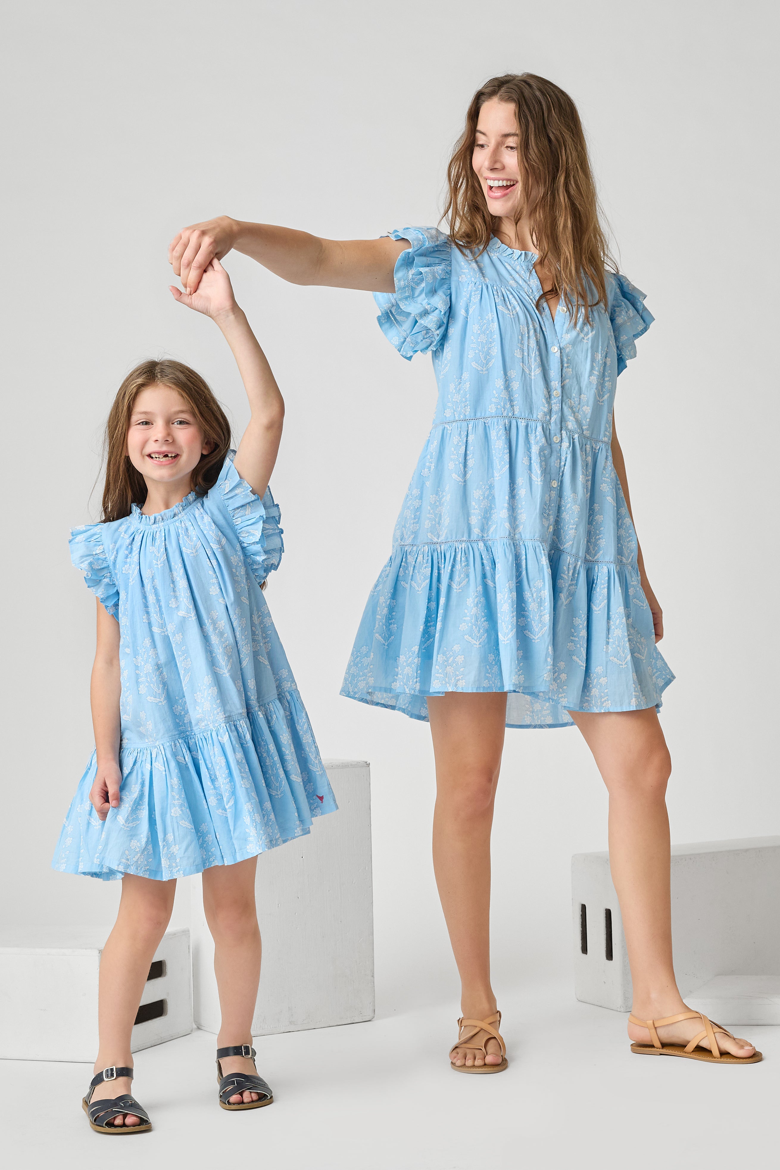 Girls Harper Dress - Blue Dewdrop Block Print