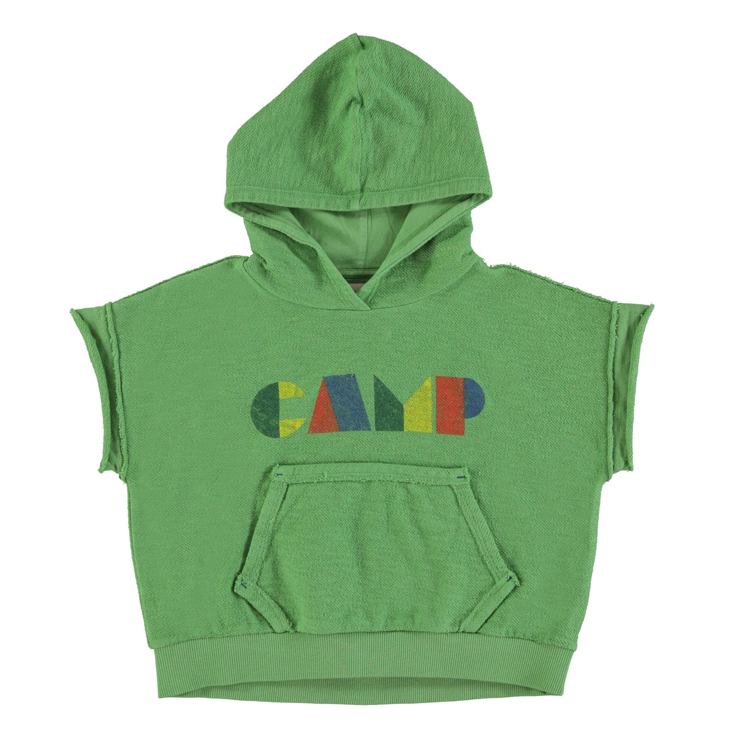 Sleeveless Hooded Sweatshirt | Green w/ Multicolor “Camp” Print