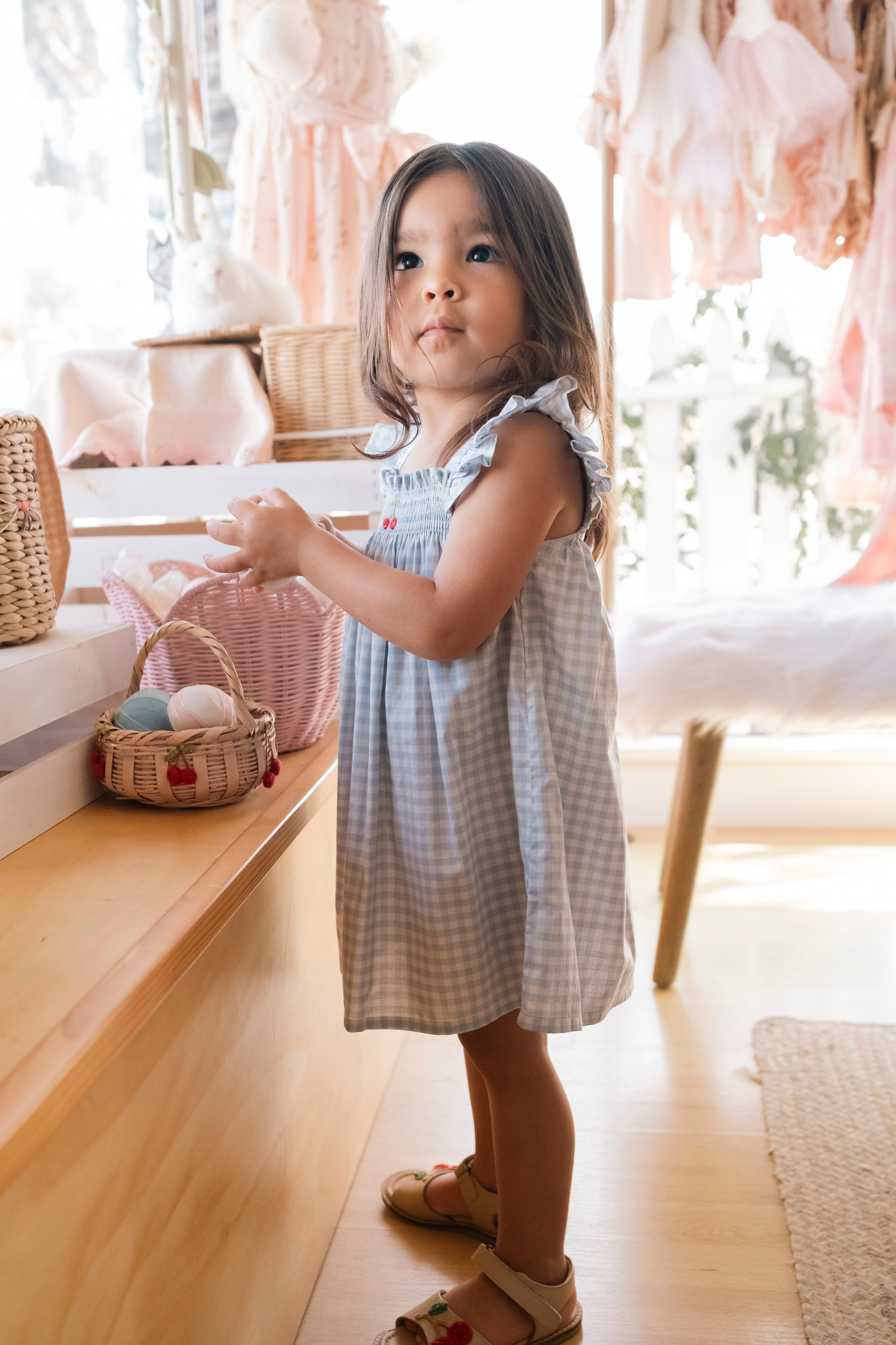 Smock Flutter Dress - Blue Gingham/Cherry
