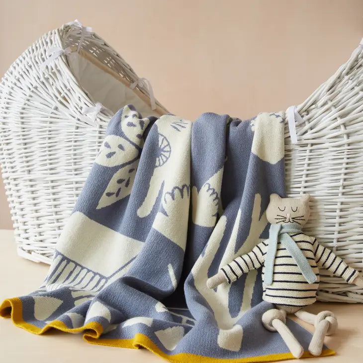 Cotton Knit Stroller Baby Blanket - Folk Blue