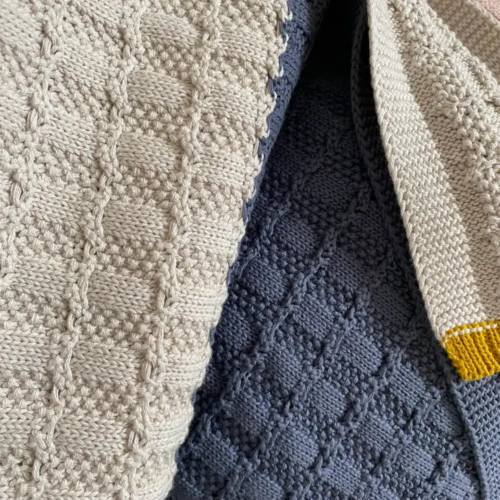 Cotton Knit Stroller Baby Blanket -  Blue & Cream
