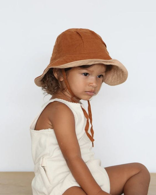 Baby Sun Hat with Ties in Tobacco and Biscuit